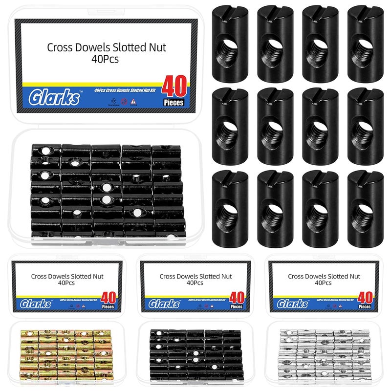 Glarks 40pcs M6 x 20mm Black Barrel Cross Dowels Slotted Nut, Heavy Duty Barrel Nut, Hammer Embedded Nut for Furniture Screws, Beds, Crib, Chairs, Hardware Replacement - Image 1